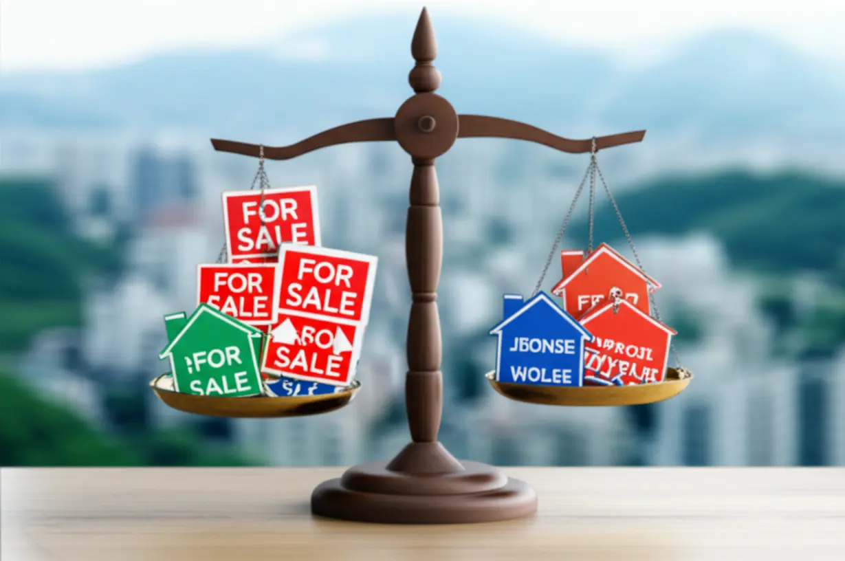 김해-부동산-시장-불균형-3D-이미지.-매매-매물이-많고-전세-월세-매물이-적은-현상을-저울로-시각화하여-김해-집값-시장의-수급-불균형을-보여줍니다.