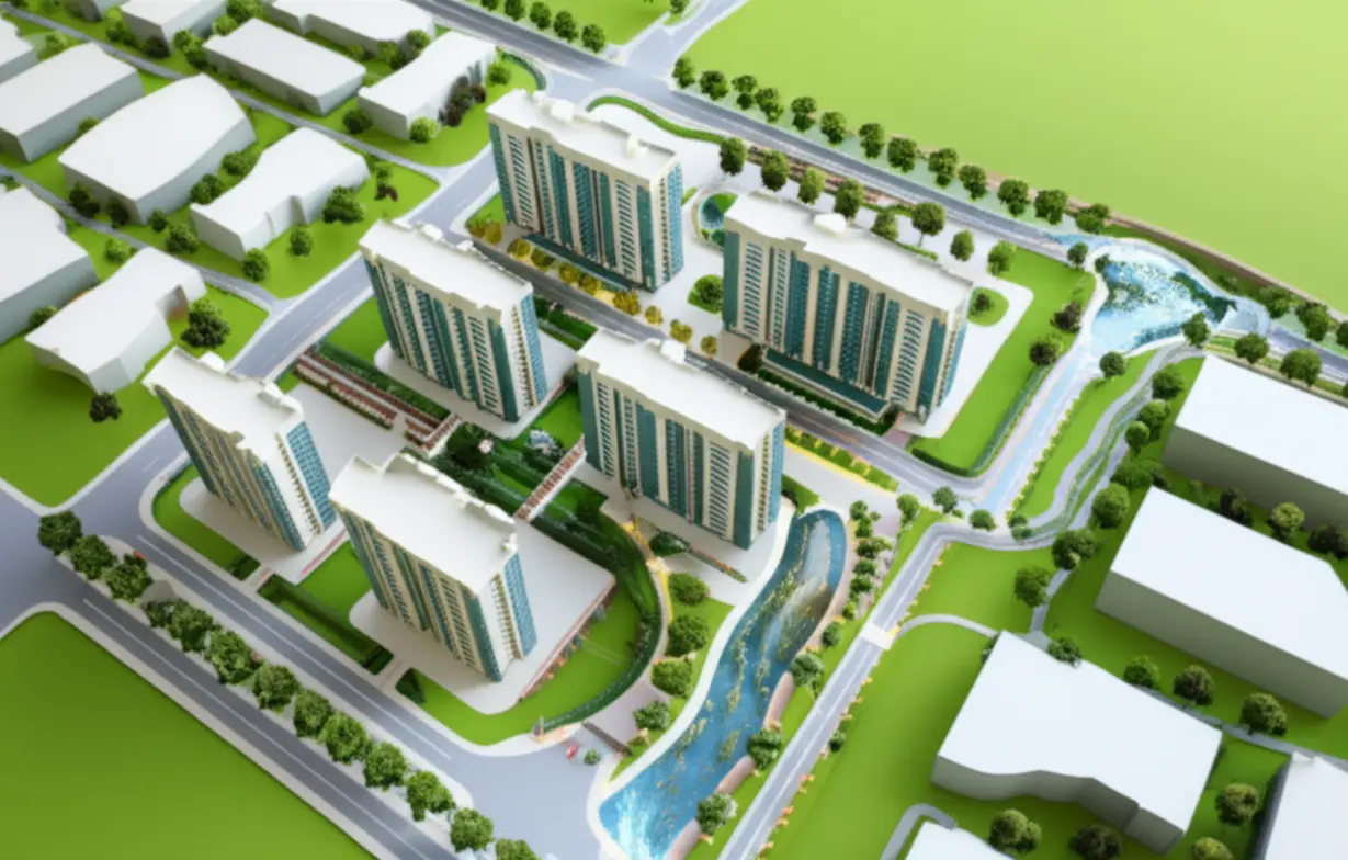 김해-신문동-더샵-신문그리니티-2차-아파트-단지의-건설-계획을-보여주는-귀여운-3D-모형-이미지.-넓은-부지에-지어질-건물들과-주변-녹지,-강변이-돋보입니다.