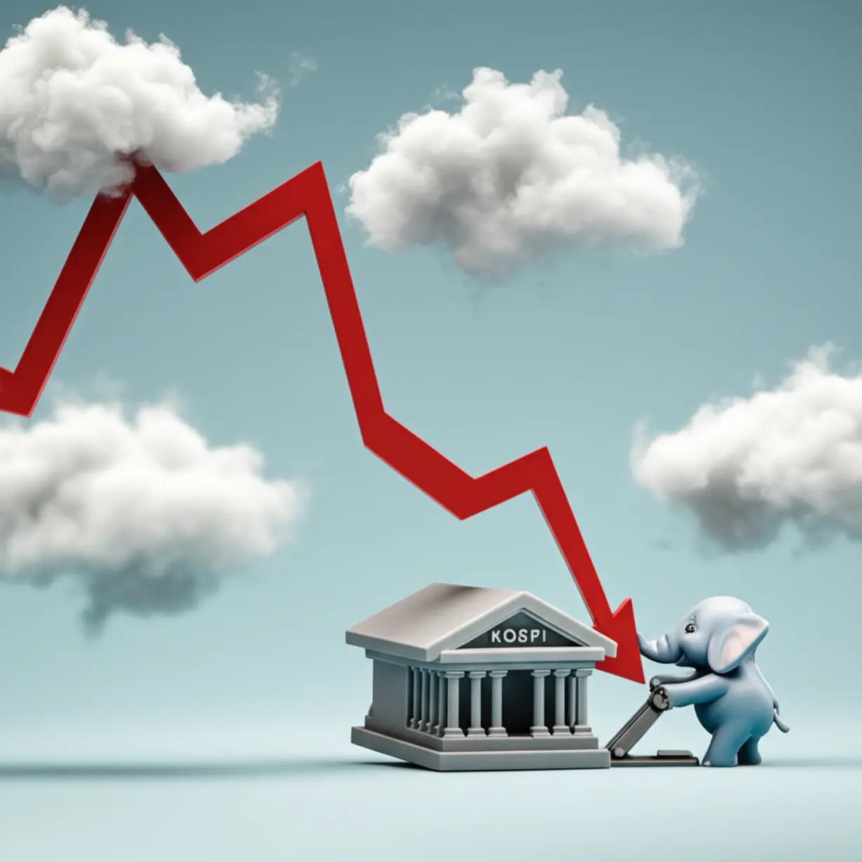 코스피-하락-원인과-글로벌-금융-시장의-불안정성을-나타내는-귀여운-3D-이미지.-코스피-차트가-아래로-향하고,-중앙은행-건물과-금리-레버를-움직이는-코끼리-캐릭터가-보입니다.-투자-방향성.
