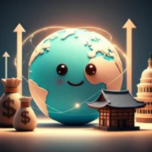 한미정상회담-이후-세계-경제와-코스피-시장의-상호-연결성을-귀엽고-포근하게-표현한-3D-이미지.-작고-빛나는-지구본-옆에-주식-상승-화살표와-한국,-미국-건물이-보입니다.-글로벌-경제-동향.