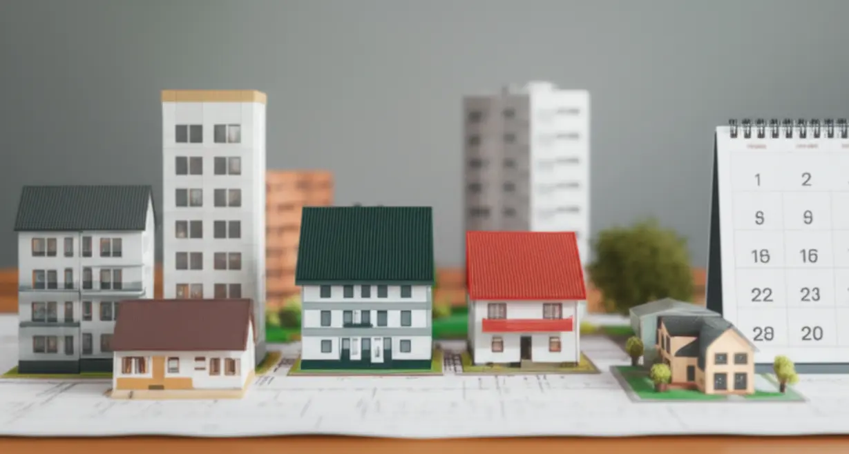 정부의-주택-공급-대책을-상징하는-귀여운-3D-건축-모형들과-달력이-놓여-있는-모습.-주택-시장-안정화를-위한-정책-발표와-미래-공급-계획을-나타냅니다.