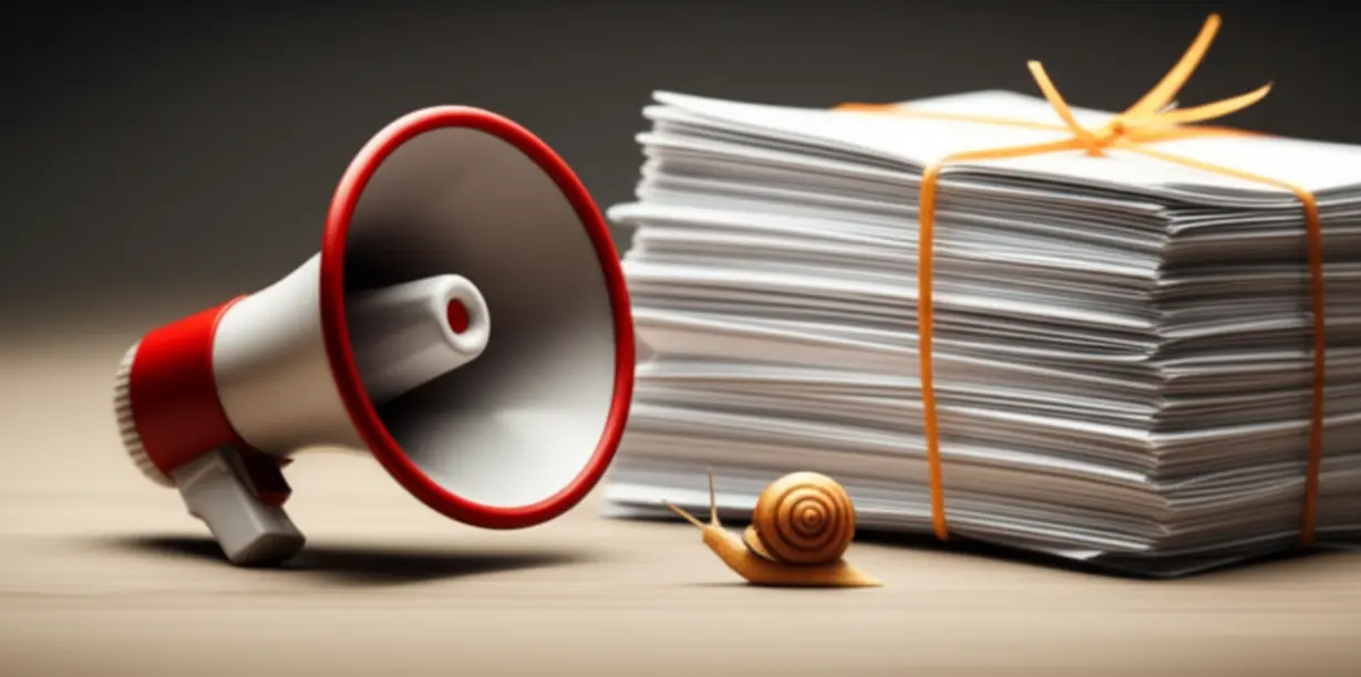 정부-정책-발표-문서와-확성기-옆에서-천천히-멀어지는-달팽이-이미지.-정부-부동산-정책의-실질적인-영향이-미미할-수-있음을-은유적으로-표현.