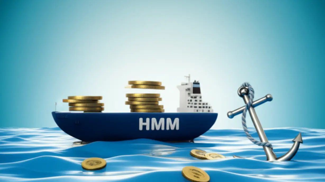 잔잔한-바다-위를-항해하는-귀여운-HMM-선박-이미지입니다.-배-위에는-조심스럽게-동전들이-놓여있고,-일부-동전은-바다로-떨어지는-모습에서-HMM-투자-기회와-위험을-동시에-상징합니다.