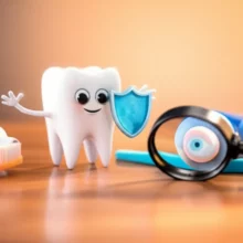 반짝이는-건강한-치아와-칫솔,-치약,-돋보기가-함께-놓인-귀여운-3D-이미지.-치아보험-보장내용-비교와-현명한-치아-관리를-상징합니다.