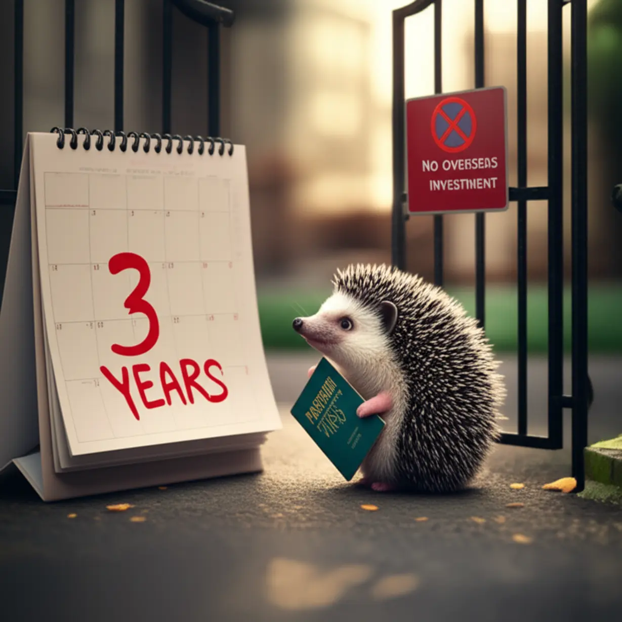 3년-의무가입-기간이-표시된-달력과-해외-투자-제한-표지판을-보고-있는-고슴도치.-ISA-계좌의-중도-해지-불이익과-1인-1계좌,-해외-주식-투자-제한-단점을-상징합니다.