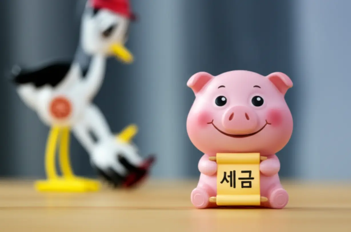 웃는-돼지-저금통이-세금-두루마리를-들고-있고-뒤에서는-작은-크레인-장난감이-쓰러지는-이미지.-정부의-세금-정책과-건설-경기-우려를-암시.