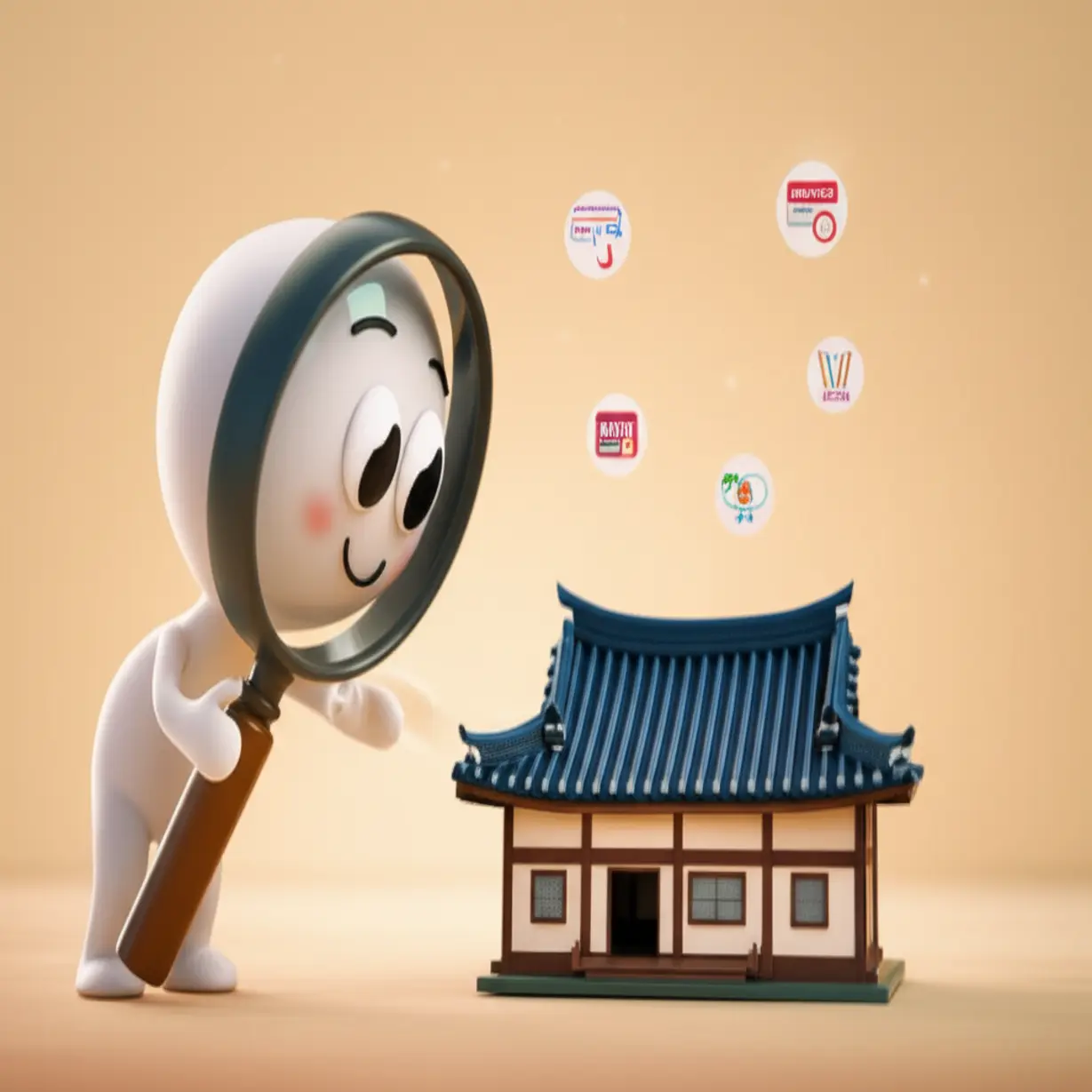 주민등록-사실조사의-중요성을-상징하는-귀여운-3D-돋보기-캐릭터가-한옥-모형을-자세히-살펴보는-모습입니다.-복지,-세금,-선거-등-국가-정책의-기초-자료임을-강조합니다.