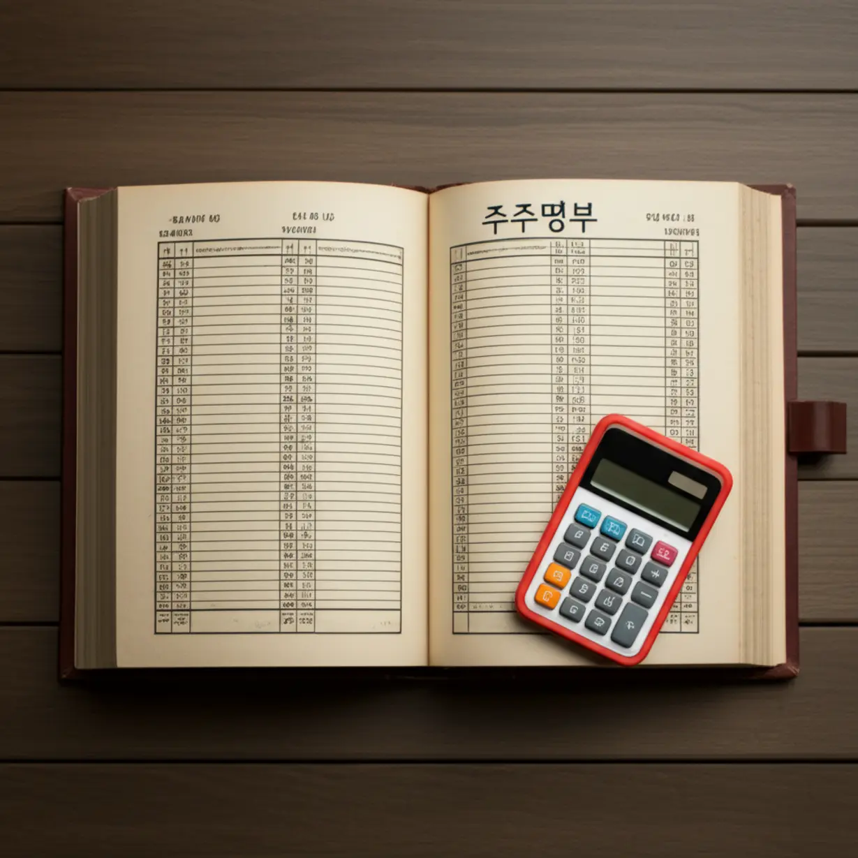 오래된-듯한-주주명부-책과-계산기가-함께-놓여있는-모습.-주주명부가-주식-보유-현황과-중요한-정보를-담고-있어-콜마-경영권-분쟁에서-핵심적인-자료임을-나타냅s니다.