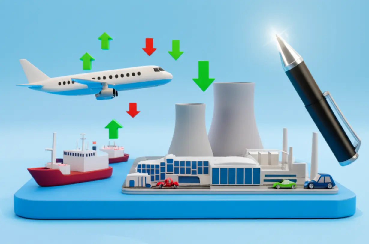 한미정상회담-경제협력의-영향을-보여주는-귀여운-3D-이미지.-비행기,-배,-자동차-공장-등-산업별-주가-변동을-아기자기하게-표현했습니다.-모나미-펜-주가-상승.