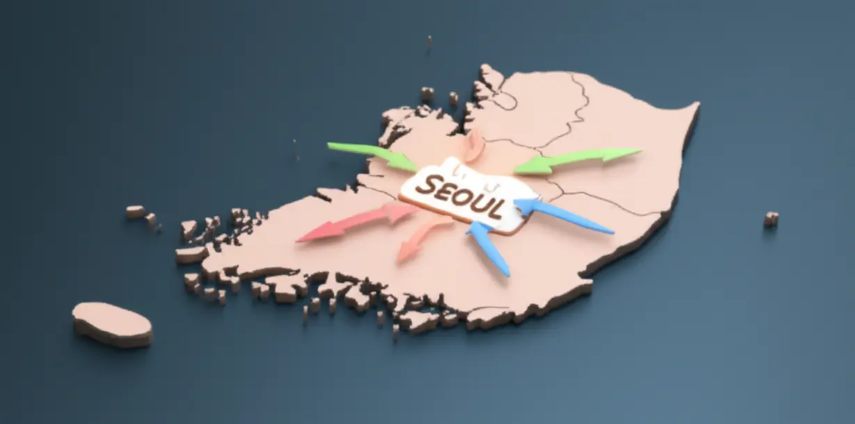 대한민국-지도에서-서울로-향하는-화살표를-나타내는-귀여운-3D-그림.-서울-외곽-지역에서-서울-부동산으로의-투자-흐름을-상징하며,-서울-무주택,-외지인-투자,-수도권-부동산-키워드와-관련이-있습니다.
