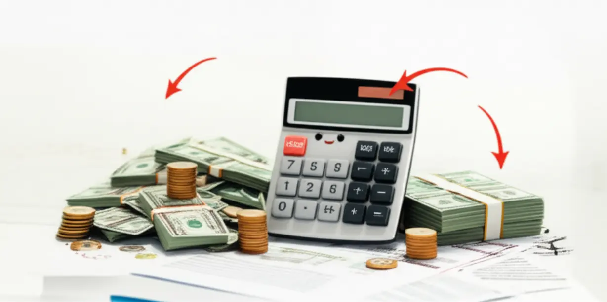 친근한-모습의-3D-계산기-옆에-돈과-문서가-쌓여있는-이미지.-계산기로-돈을-분류하는-모습은-상속-재산-가액-계산-시-채무나-공과금-등-제외되는-공제-항목을-쉽게-이해하도록-돕습니다.