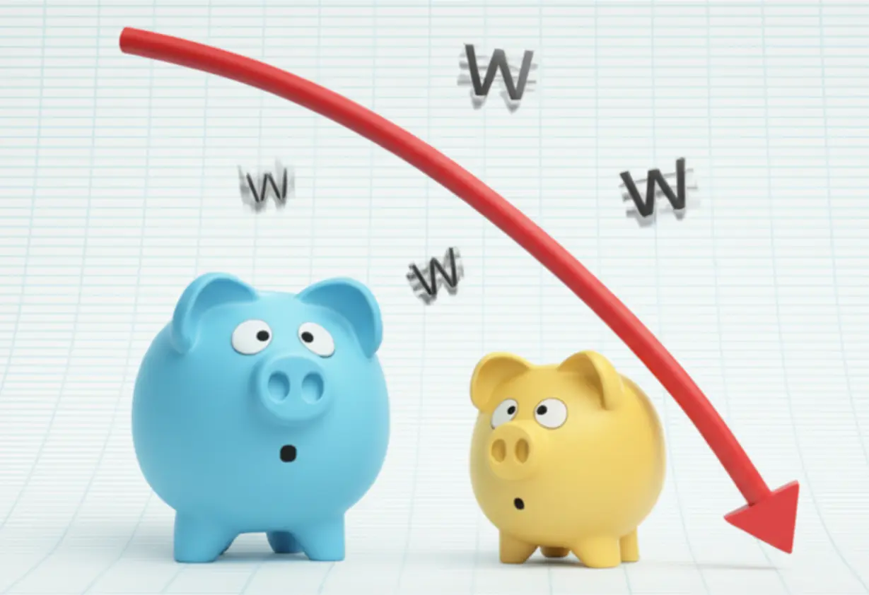 금리-하락을-나타내는-부드러운-곡선-그래프와-두-개의-귀여운-돼지-저금통이-함께-있는-3D-이미지.-최근-주택담보대출-금리-변동-추세와-시장의-기대감을-표현합니다.