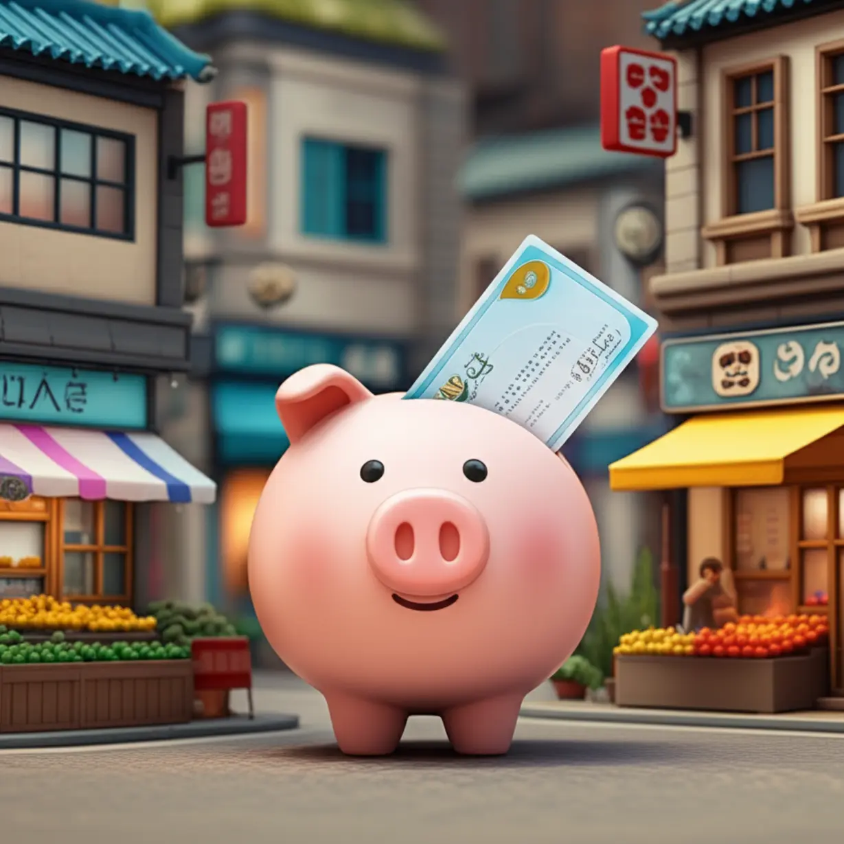 상생페이백-제도를-설명하는-귀여운-저금통이-디지털-온누리상품권을-받고-있는-모습.-전통시장과-소상공인-상점들이-배경에-있어-정부-지원금-혜택을-쉽게-이해할-수-있도록-표현.