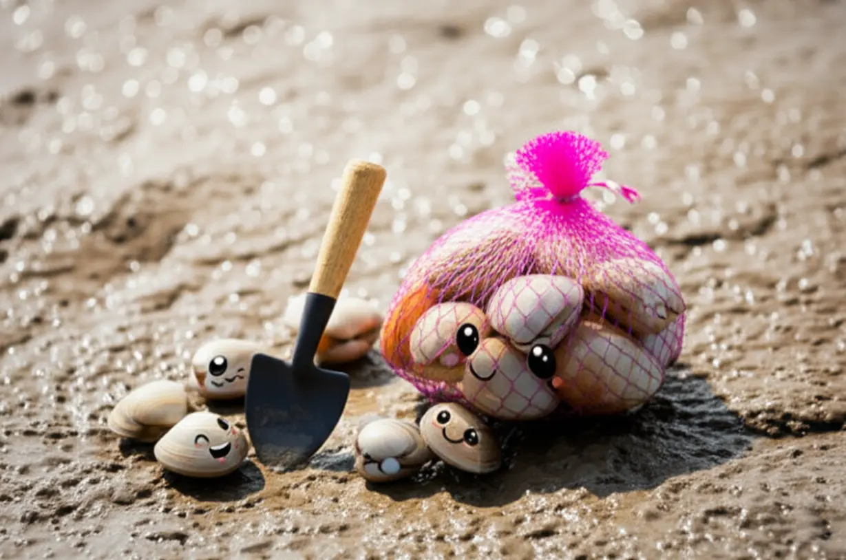 갯벌에서-직접-잡은-신선한-동죽-조개와-조개-캐기-도구.-온-가족이-함께-만든-행복한-갯벌체험-추억.