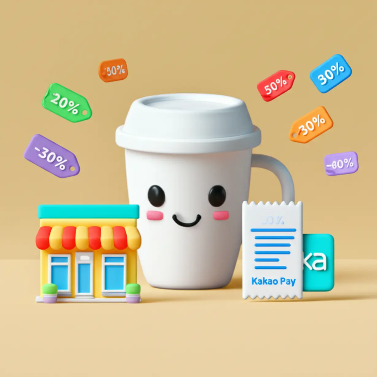 카카오페이-로고와-함께-커피,-편의점,-생활-요금-할인을-보여주는-3D-이미지입니다.-일상생활-할인이-강조되어-있습니다.