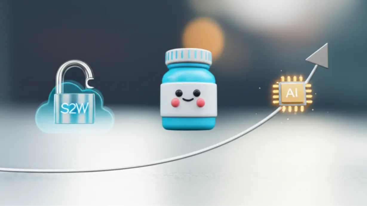 S2W의-보안-자물쇠,-명인제약의-약병,-노타의-인공지능-칩을-상징하는-귀여운-3D-아이콘들.-9월-공모주에-관심-있는-세-기업의-특징을-보여줍니다.