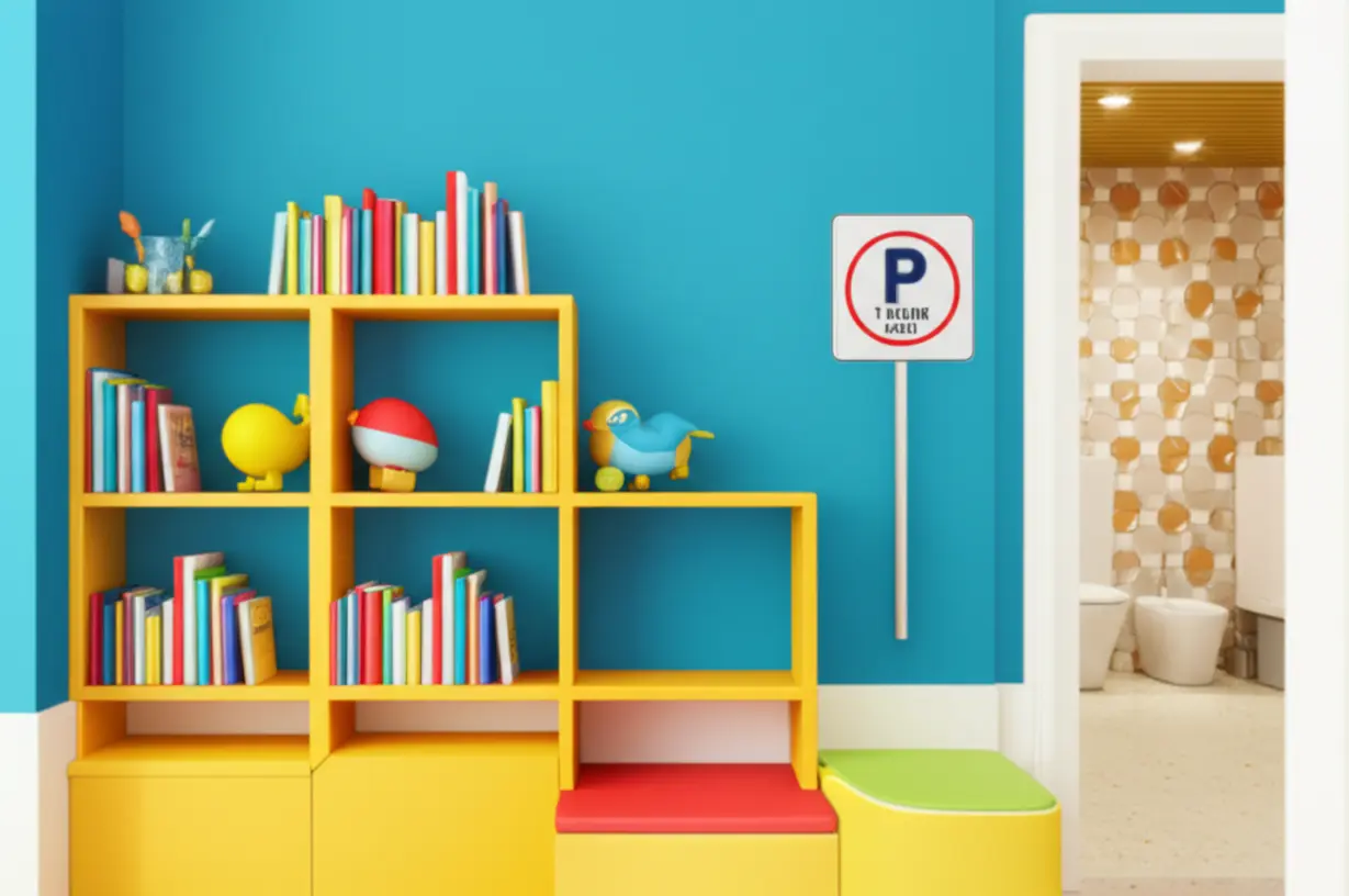 아이들이-책을-읽는-아늑한-공간과-깨끗하게-관리되는-화장실,-그리고-주차-안내판이-함께-있는-키즈카페-편의시설-이미지