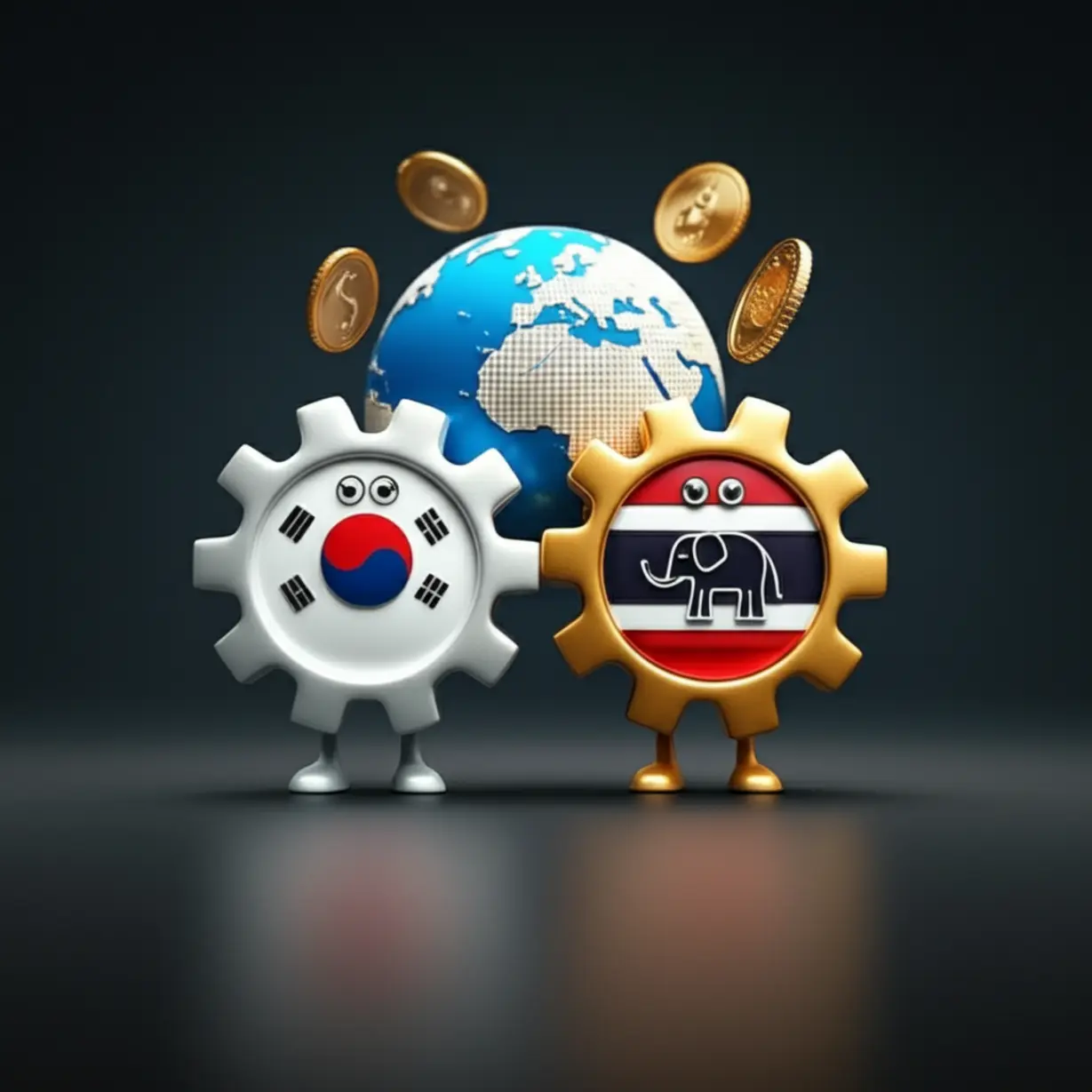 한국과-태국을-상징하는-두-개의-톱니바퀴가-맞물려-돌아가며,-디지털-코인과-지구가-보이는-미래-금융-이미지