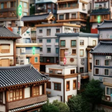 아기자기한-한국-도시-풍경,-아파트와-주택들이-보이고-집값-상승과-하락을-나타내는-화살표가-있는-귀여운-3D-부동산-시장-이미지