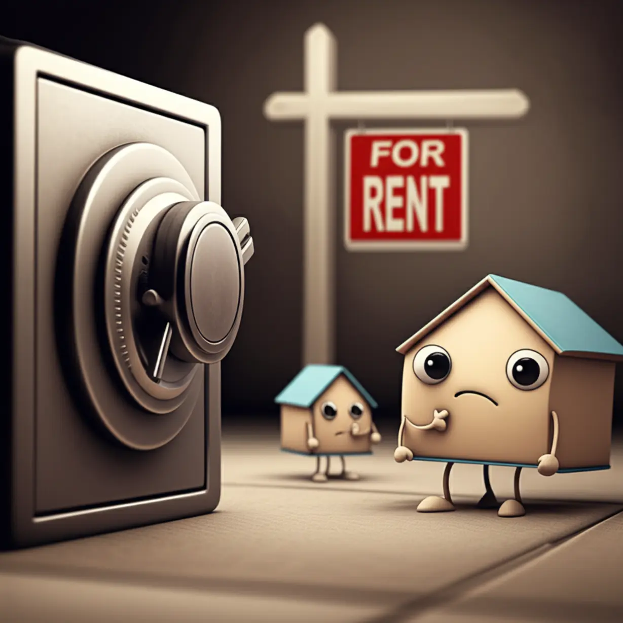 집주인을-상징하는-귀여운-3D-만화-집이-닫힌-금고-앞에서-난처한-표정으로-서-있는-모습,-보증금-반환-지연-문제의-집주인-입장을-나타냅니다.