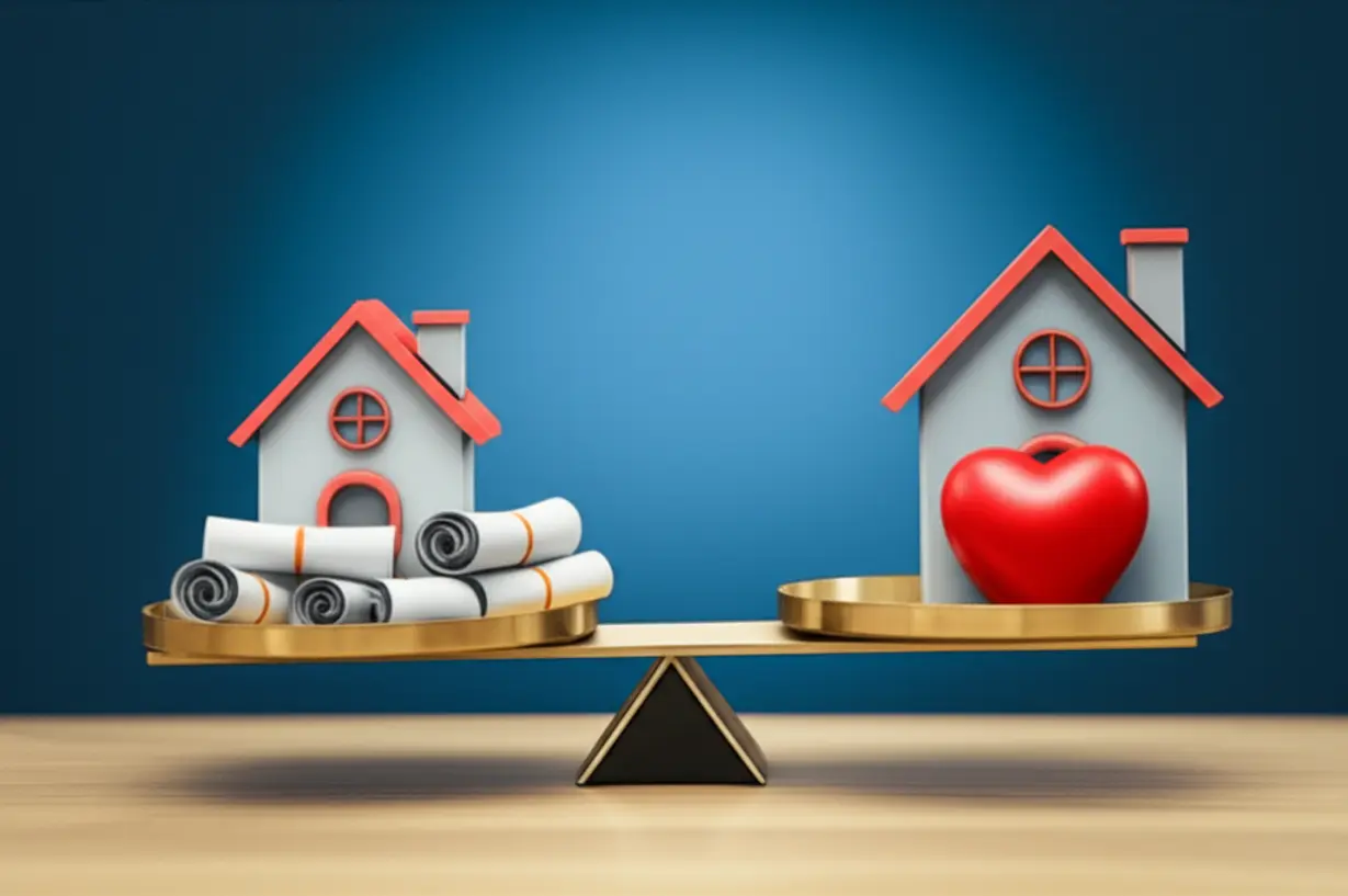 법적-권리와-상호-배려의-균형을-상징하는-저울-위에-앉아있는-두-귀여운-3D-만화-집-모습,-전월세-계약의-중요성을-보여줍니다.