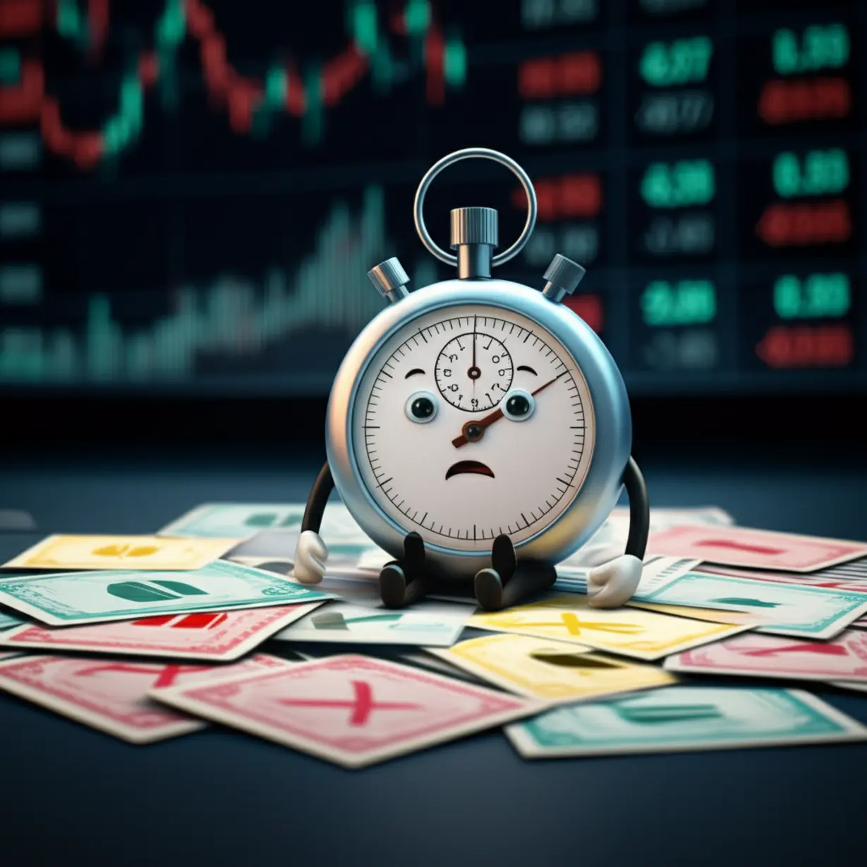 대체거래소에서-거래가-중단되는-79개-종목을-상징하는-스톱워치-캐릭터와-거래-정지된-주식-종목들이-쌓여-있는-3D-이미지입니다.-투자자들이-참고할-거래-중단-종목-목록을-나타냅니다.