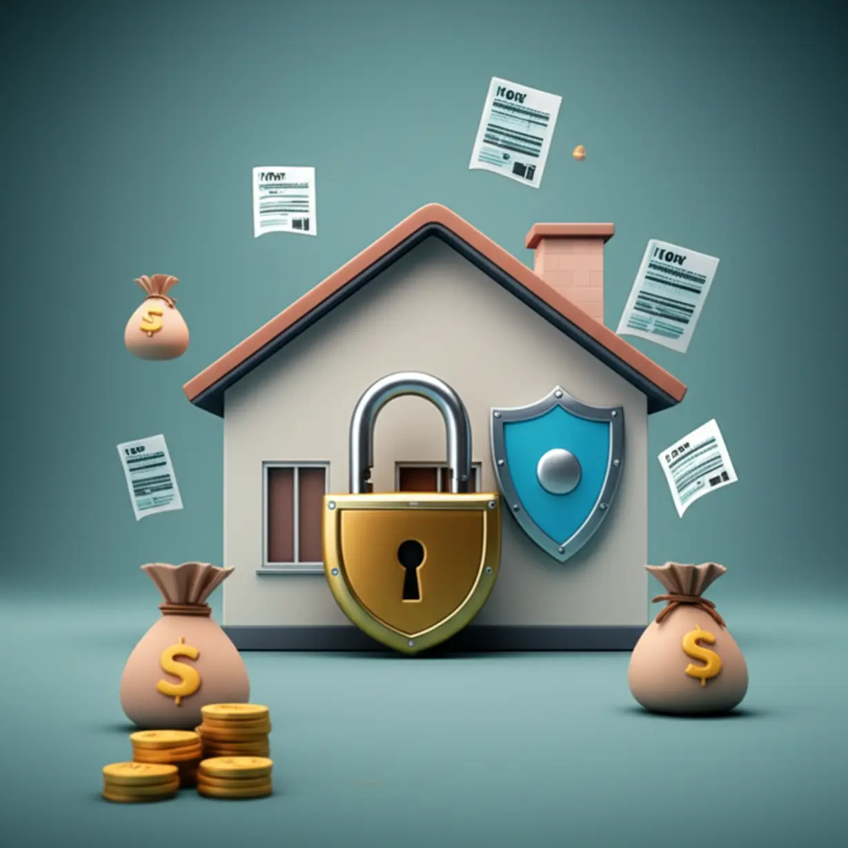 안전하게-잠긴-집-모양과-보호막,-그리고-멀리-날아가는-세금-관련-서류들.-민간임대-아파트의-세금-혜택과-보증금-보호-장점을-상징하는-이미지입니다.