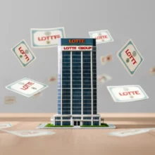 롯데그룹-승계-과정과-주식-매수를-상징하는-귀여운-롯데지주-건물과-주식-증서-3D-이미지