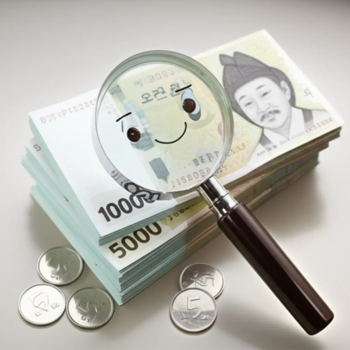돋보기로-깨끗하게-정돈된-한화-지폐와-동전을-자세히-살펴보는-모습.-통상임금의-정확한-의미를-탐구하는-것을-상징.