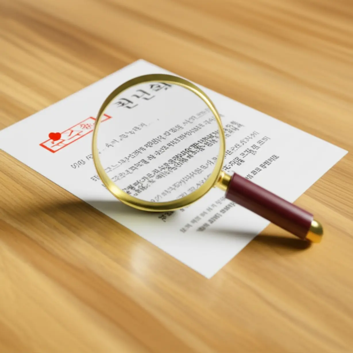 돋보기로-등기부등본을-꼼꼼히-확인하는-모습의-3D-이미지,-아파트-매매-전-필수-서류-점검을-상징합니다.