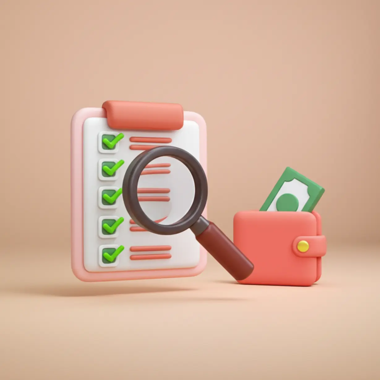 체크리스트와-돋보기가-있는-귀여운-3D-이미지,-장려금-지급-대상-확인과-수령-절차를-안내하는-모습