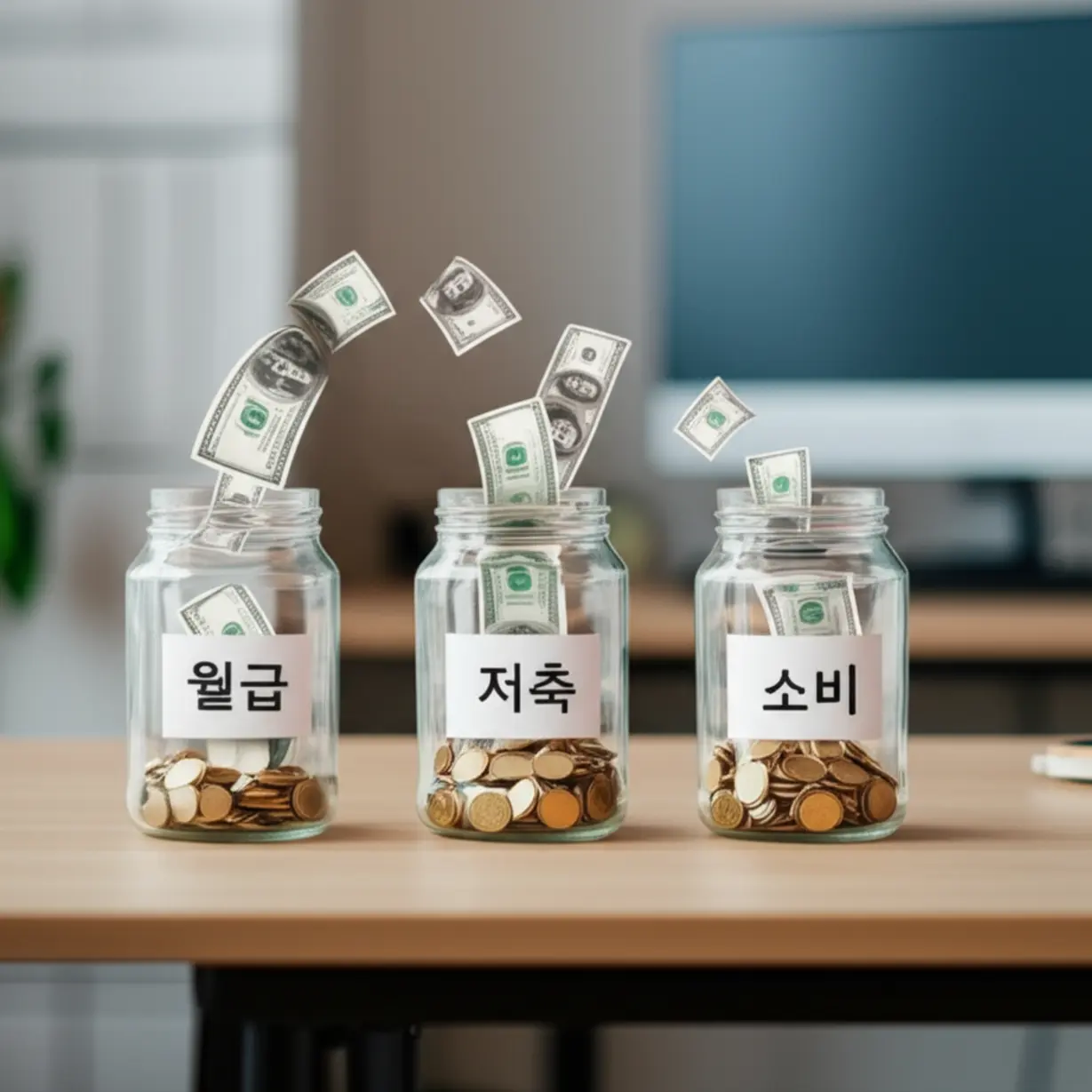월급-통장에서-저축-통장으로-돈이-자동으로-흘러-들어가는-모습을-보여주는-세-개의-저금통.-직장인-월급-관리의-기본인-선저축-습관을-상징합니다.