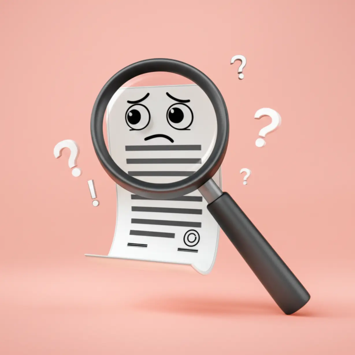 돋보기로-계약서를-자세히-살펴보는-모습과-물음표,-느낌표-아이콘.-민간임대-아파트-계약-전-꼼꼼한-확인의-중요성을-강조하는-이미지입니다.