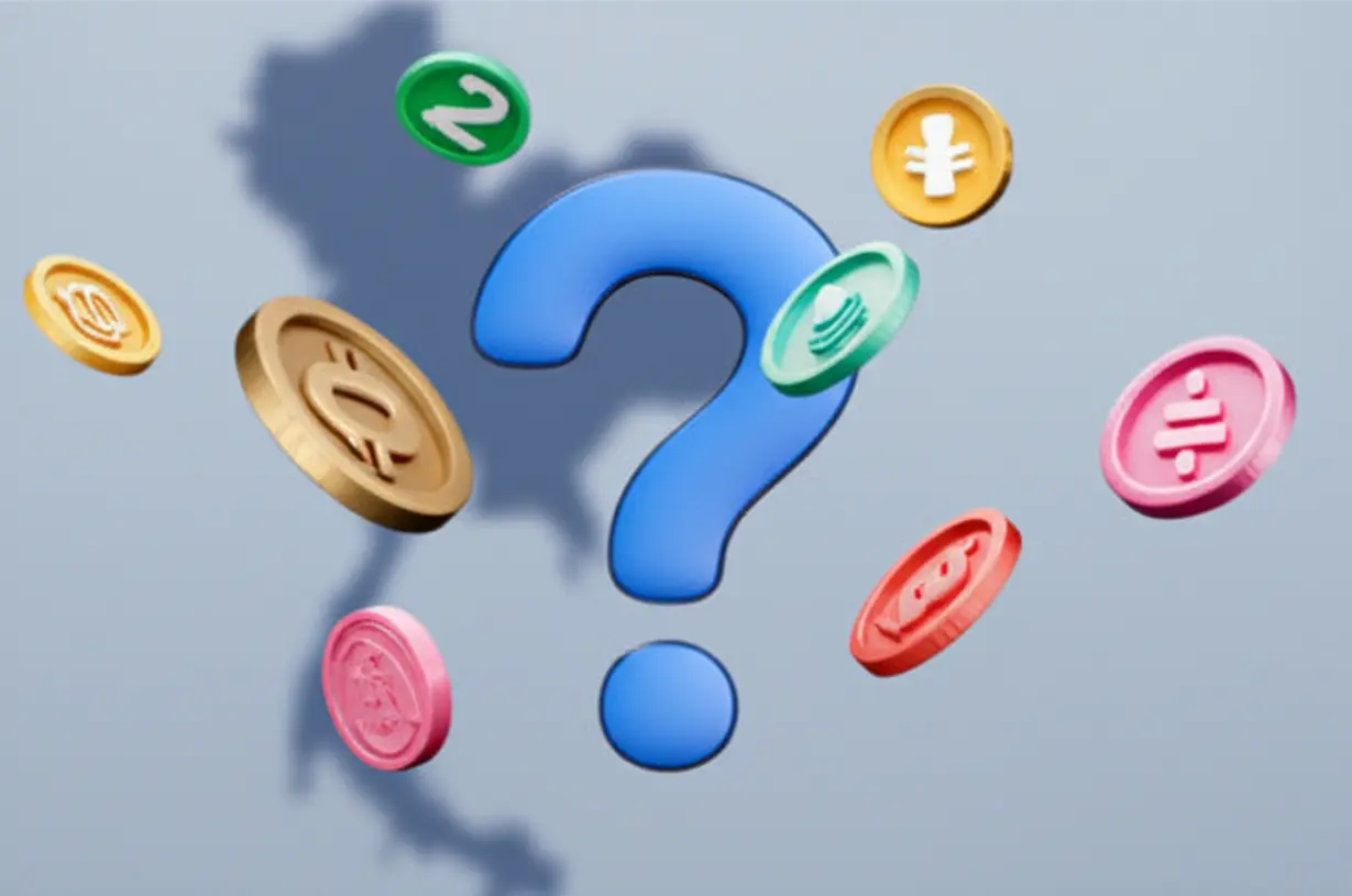 어떤-코인일까-궁금증을-나타내는-물음표와-다양한-디지털-코인,-흐릿한-태국-지도-배경