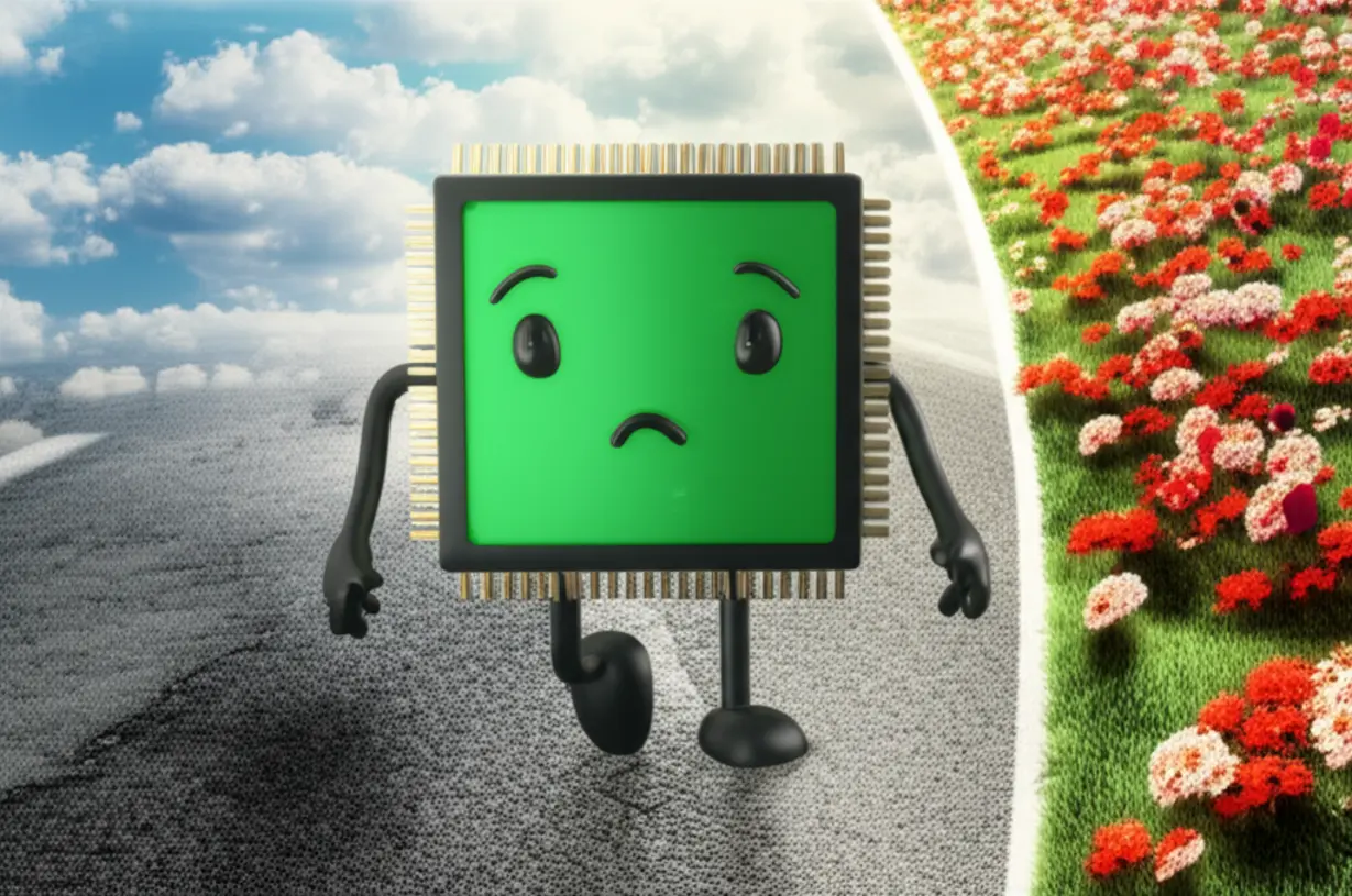 엔비디아-주가-미래를-나타내는-귀여운-3D-반도체-칩과-갈림길-이미지,-AI-반도체-주식-장기-전망.