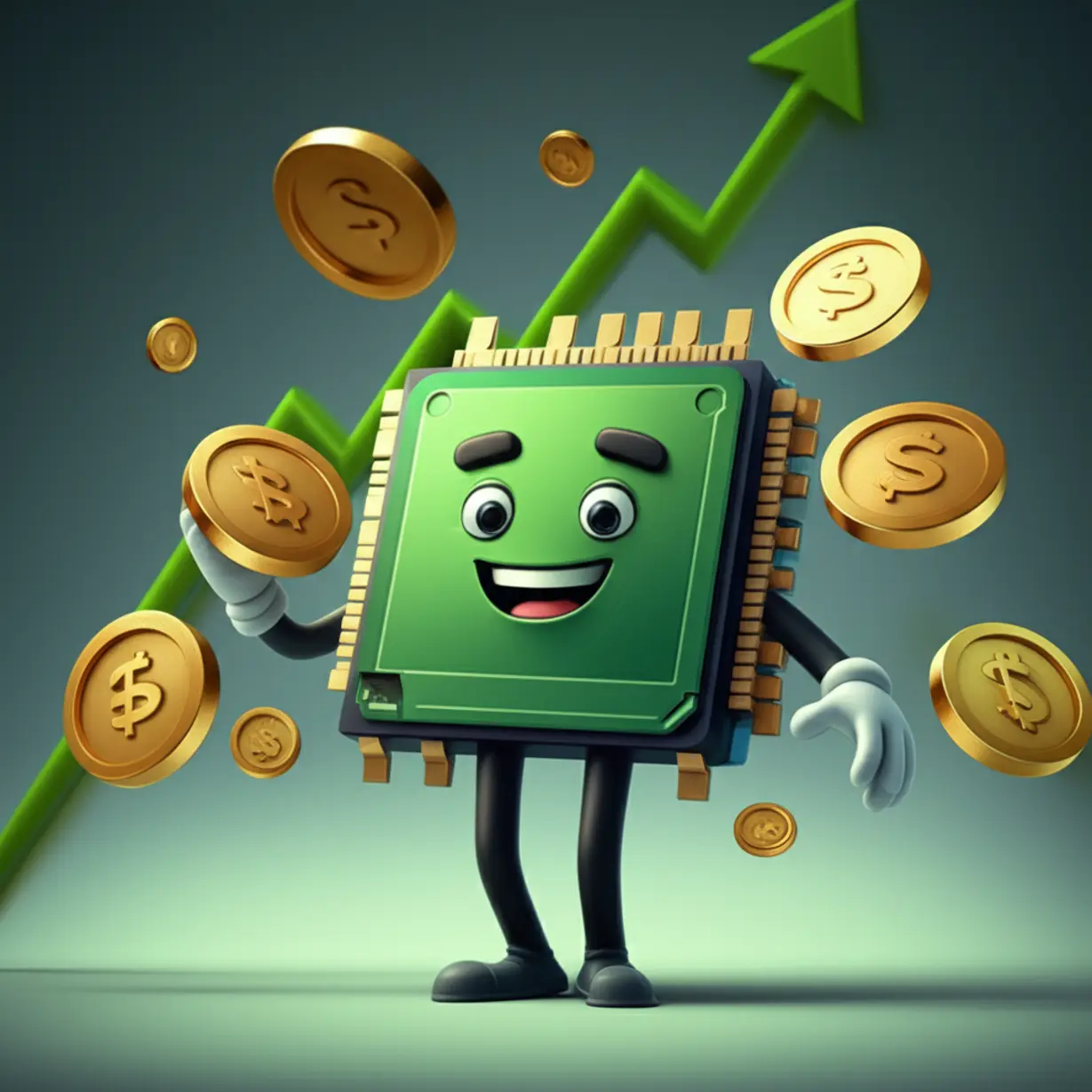 엔비디아-실적-호조를-나타내는-귀여운-3D-반도체-칩과-돈다발,-상승-그래프-이미지,-성공적인-실적-발표.