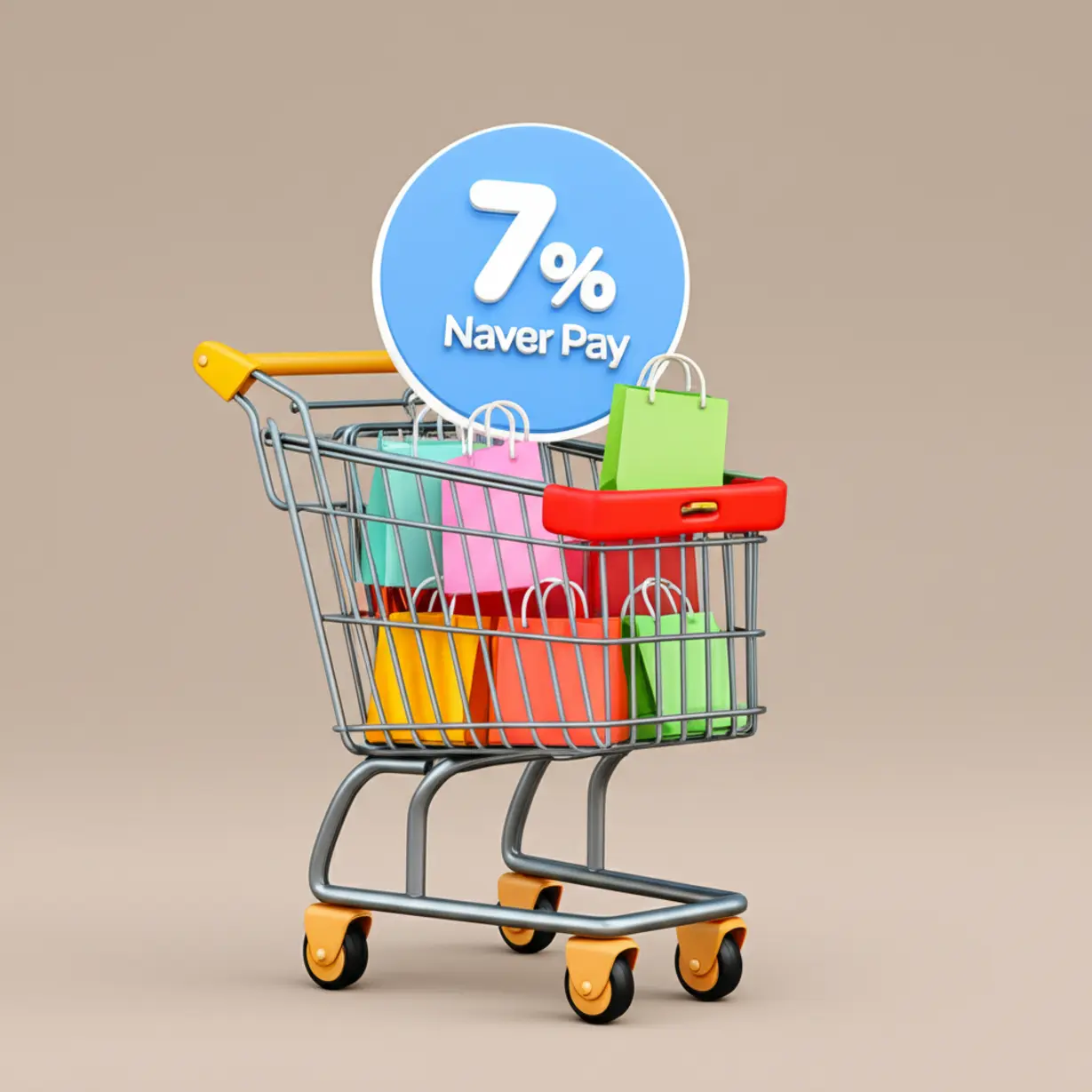네이버페이-로고와-함께-온라인-쇼핑몰에서-7%-포인트를-적립하는-모습을-나타내는-3D-이미지입니다.-다양한-쇼핑-아이템들이-보입니다.
