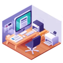 사업자등록증-신청과-출력,-주소변경-과정을-상징하는-아기자기한-사무실-풍경.-국세청-홈택스를-연상시키는-컴퓨터-화면과-서류를-인쇄하는-프린터,-정리된-서류철이-보이는-귀여운-3D-일러스트-이미지입니다.