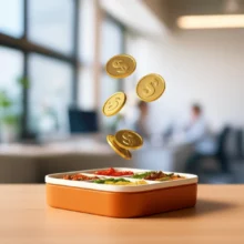 고물가-시대-직장인-점심값-부담을-상징하는-따뜻한-밥상과-그-위로-가볍게-흩날리는-동전들이-세금-지원-논란을-연상시키는-3D-이미지입니다.-정책-예산과-직장인-복지,-서민-경제-이슈를-부각합니다.