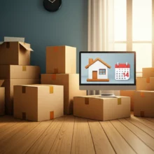 이사-후-인터넷으로-전입신고를-쉽게-마치는-과정을-상징하는-아늑한-거실-풍경.-정부24-웹사이트가-열린-컴퓨터와-이삿짐-박스,-집-모양-아이콘이-편안하고-스마트한-행정-처리를-나타냅니다.