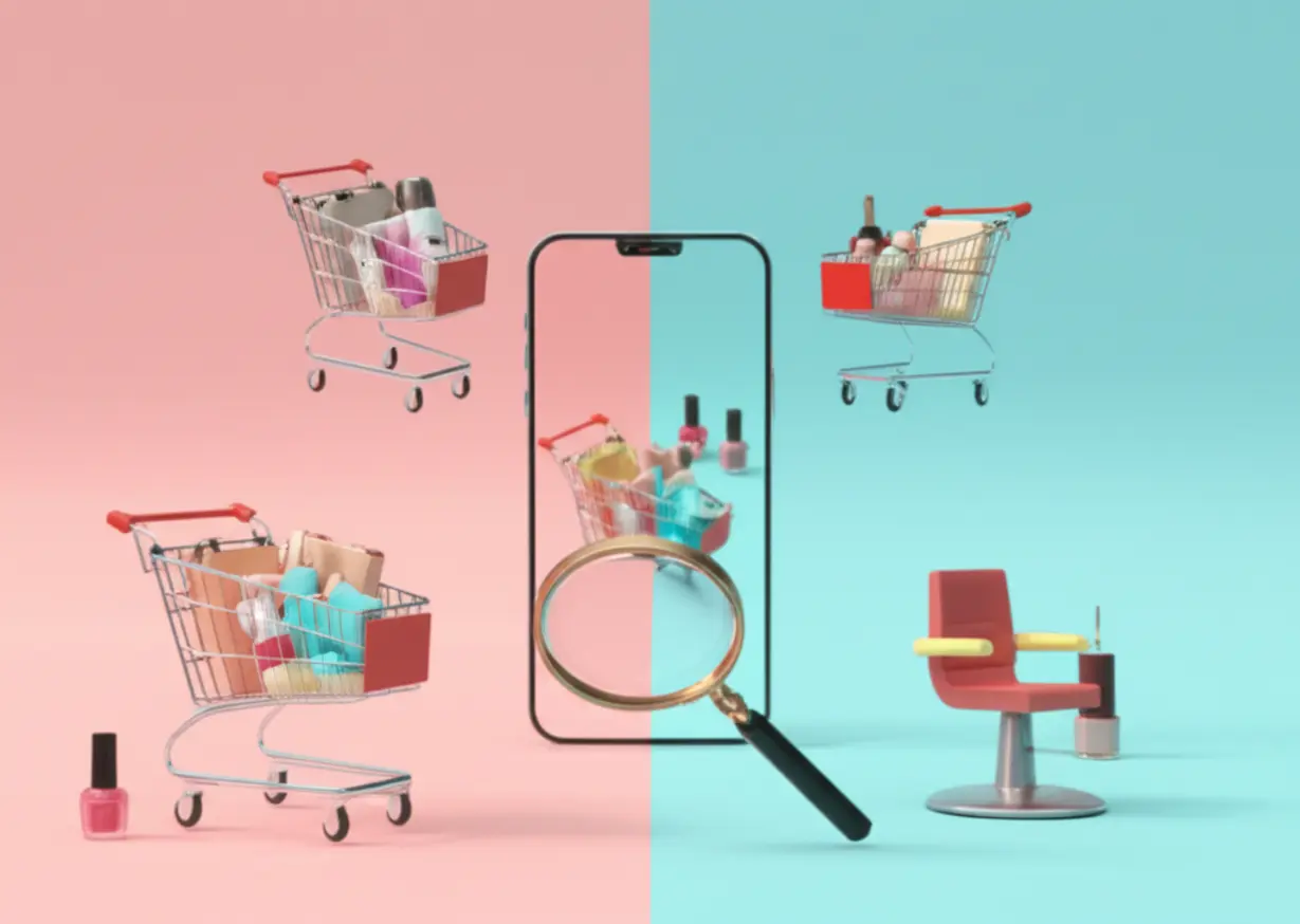 온라인-쇼핑몰과-오프라인-서비스-업종을-대비하는-3D-일러스트.-변화하는-소비-트렌드와-상권의-지형도를-설명하는-이미지.-상가-공실-시대-생존-전략.