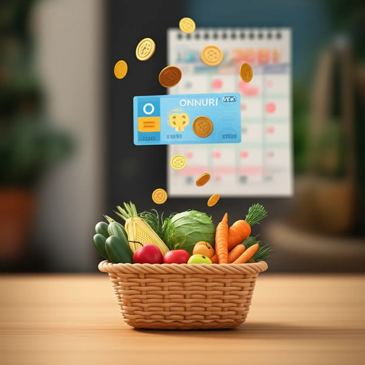상생페이백-온누리상품권-지급-일정과-사용-방법을-보여주는-귀여운-이미지.-디지털-상품권이-전통시장-장바구니에-채소와-함께-떨어지는-모습으로-환급금-사용처와-시기를-표현.