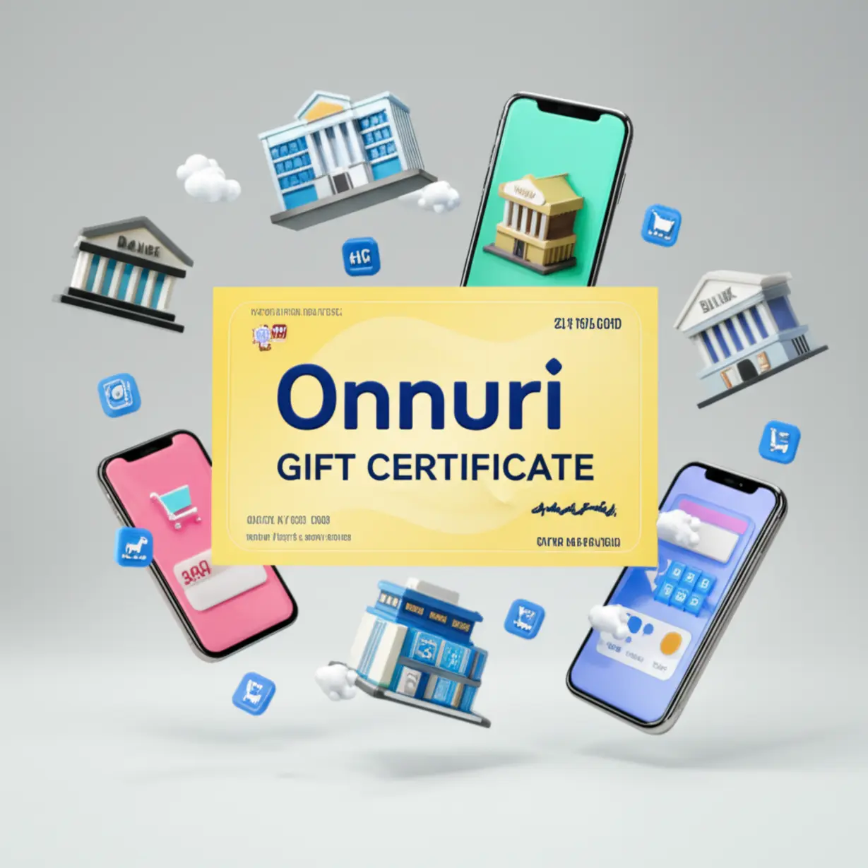온누리상품권을-쉽게-구매할-수-있는-은행-건물들과-모바일-앱-아이콘들이-그려진-귀여운-3D-이미지,-상품권-구매처를-안내합니다.