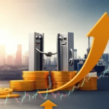 포스코-HMM-인수-주가-상승-기회,-귀여운-철강-회사-캐릭터와-해운-회사-캐릭터가-손잡고-있는-모습,-투자-성공을-상징하는-주식-차트와-빛나는-동전들.