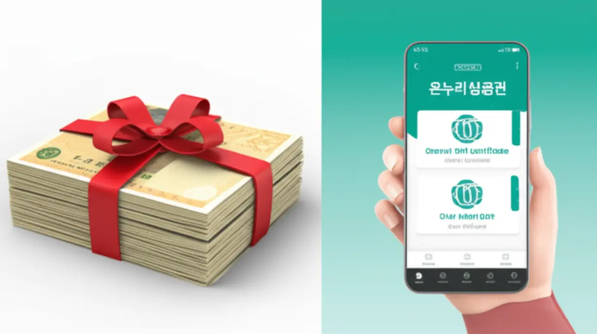 지류-온누리상품권-묶음과-모바일-앱-화면의-온누리상품권이-대비되는-3D-이미지,-두-상품권의-특징과-차이점을-보여줍니다.