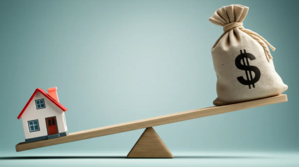 시소-위에-놓인-희망찬-집-모형과-무거운-동전-가방.-9.7-부동산-정책의-긍정적인-측면과-함께-현실적인-한계점을-함께-보여주는-모습입니다.