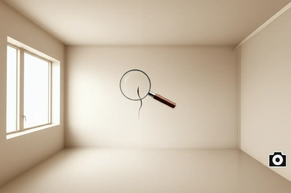 이삿짐이-빠진-빈-방에-돋보기로-벽의-작은-흠집을-살펴보는-이미지.-전월세-이사-후-집-내부-하자-확인과-사진-촬영의-중요성을-강조합니다.