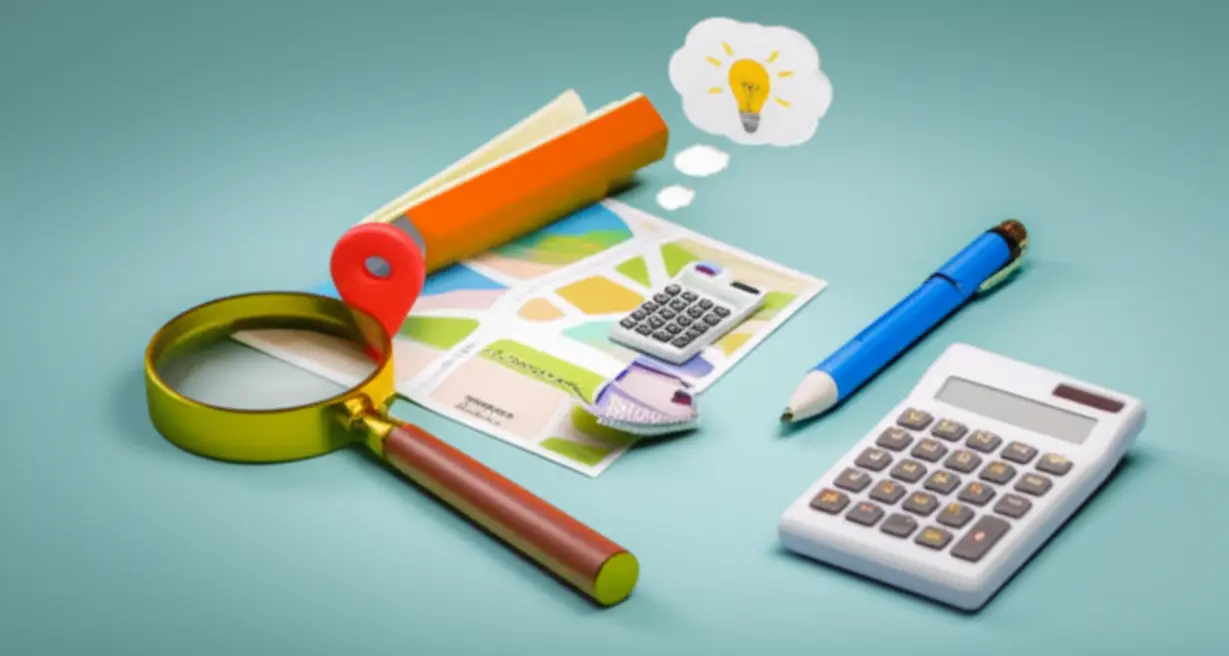 지도,-계산기,-돋보기-등-투자-분석-도구의-3D-일러스트.-현명한-상가-투자를-위한-실천-전략과-공부의-중요성을-보여주는-이미지.-노후-대비-안정적-수익-찾기.