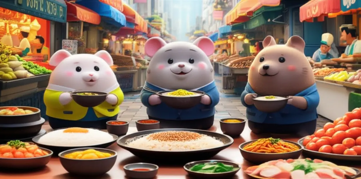 행복하게-식사하는-귀여운-동물-캐릭터들과-활기찬-골목-시장의-모습이-직장인-점심값-지원-정책의-긍정적인-효과(생활-안정,-지역-경제-활성화)를-보여주는-3D-이미지입니다.