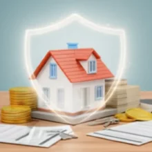 재산-보호를-상징하는-빛나는-방패로-둘러싸인-아늑한-3D-주택-이미지.-주택-주변에는-상속과-세금-계획을-나타내는-문서와-동전이-놓여-있어-부동산-상속세-면제한도와-재산-승계를-연상시킵니다.